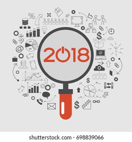 2018 text design on creative business success strategy. Concept modern template layout? 2016 text surrounded by doodle icons