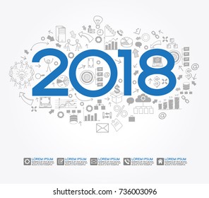 2018 text design on creative business success strategy. Concept modern template layout? 2018 text surrounded by doodle icons