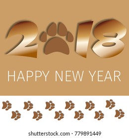 2018 text greeting card design template with footprint happy New Year vector illustration. Christmas decoration golden lettering xmas party celebration.