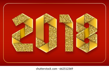 2018 text made of interlaced gold glitter wrapping ribbons on red background. New Year gift design. Vector illustration.