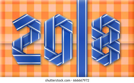 2018 text made of interlaced wrapping ribbons on gift paper. New Year decorative design. Vector illustration.