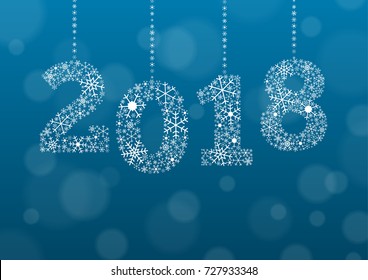 2018 text made of snowflakes on background with bokeh effect and enough copyspace for you text