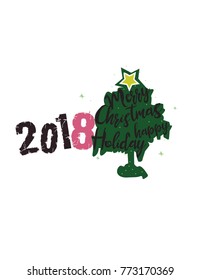 2018 text with Merry Christmas and Happy Holiday text forming a tree with a star on top of it. 