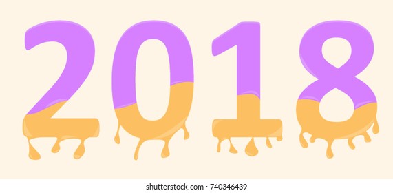 2018 text with two tone decoration, pink and orange ice cream melting style. Colors with cream dripping, Happy New Year celebration concept.