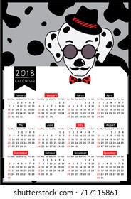 2018 twelve month calendar design with portrait of dalmatian dog having mustache put on hipster hat and sunglasses with bow tie.