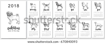 2018 vector calendar design. Hand drawn llustrations with dogs, symbol of Chinese New Year and monthly hand written modern calligraphy. 