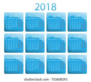 2018 vector calendar. Simple square blue design. Elements for your work. Eps10