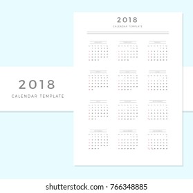 2018 Vector Calendar Template, 2018 Simple Planner, New Year Schedule Calendar, Minimal Stationery, Yearly Calendar