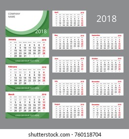 2018 Vector calendar template. Three month grid with numbers of weeks. Includes space for image and text. Used for web and print design.