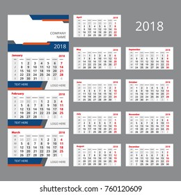 2018 Vector calendar template. Three month grid with numbers of weeks. Includes space for image and text. Used for web and print design.