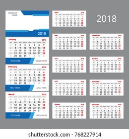2018 Vector calendar template. Three month grid with numbers of weeks. Includes space for image and text. Used for web and print design.