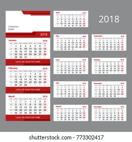 2018 Vector calendar template. Three month grid with numbers of weeks. Includes space for image and text. Used for web and print design.