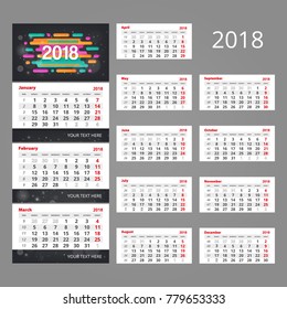 2018 Vector calendar template. Three month grid with numbers of weeks. Includes space for image and text. Used for web and print design.