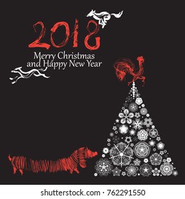 2018 vector design Christmas card with decorative balls and dog