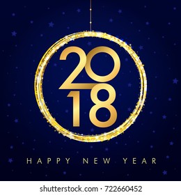 2018 vector gold numbers with xmas ball and text Happy New Year on navy blue background for seasonal greetings card or Christmas invitations. 2018 golden happy new year card