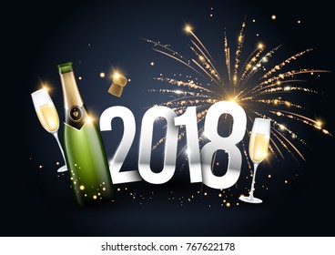 Ilustración vectorial de 2018 con una botella de champán, gafas y fuegos artificiales de fondo
