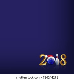 2018 vector New Year template. Bowling 2018 New Year sign with bowling ball and skittle on blue background. 