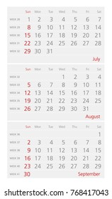 2018 wall calendar - july, august, september