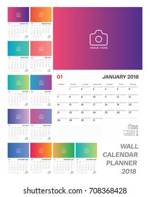 2018 Wall Calendar planner. Simple Minimal flat Colour template design with week starting sunday