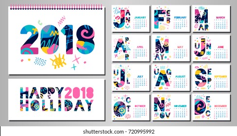 2018 Wall Monthly Calendar template. Horizontal monthly calendar template. White background. Weeks start on sunday. Hand drawn vector elements, lettering.