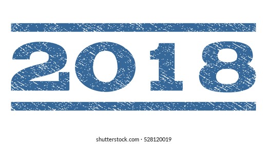 2018 watermark stamp. Text tag between horizontal parallel lines with grunge design style. Rubber seal cobalt blue stamp with unclean texture. Vector ink imprint on a white background.