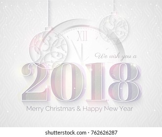 2018 white sparkling background.  Happy new year greeting card with numbers 2018, clock and christmas baubles. Elegant Christmas silver background.  Vector illustration.
