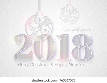 2018 white sparkling background.  Happy new year greeting card with numbers 2018 and christmas baubles. Elegant Christmas silver background.  Vector illustration.