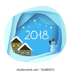  2018  Winter Paper Cut Frame. Hello 2018. flyer template. Circle layered cave frame. Space for text. Origami Foliage. Fall poster. background. Vector
