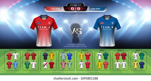 2018 World championship football cup group set, Soccer jersey mock-up and scoreboard match vs strategy broadcast graphic template, For presentation score or game results (Vector Eps10, fully editable)