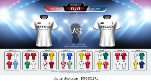 2018 World championship football cup group set, Soccer jersey mock-up and scoreboard match vs strategy broadcast graphic template, For presentation score or game results (Vector Eps10, fully editable)