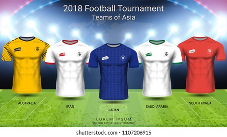 2018 World championship football cup, National teams of Asia concept, Soccer jersey mock-up, Sport t-shirt design kit and uniform templates for Australia, Iran, Japan, Saudi Arabia, South Korea.  