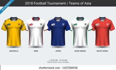 2018 World championship football cup, National teams of Asia concept, Soccer jersey mock-up, Sport t-shirt design kit and uniform templates for Australia, Iran, Japan, Saudi Arabia, South Korea.  