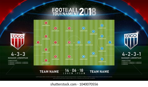 Campeonato Mundial de Fútbol 2018 con antecedentes de estadio. partido de marcador de fútbol frente a sustitutos de estrategia plantilla gráfica de difusión