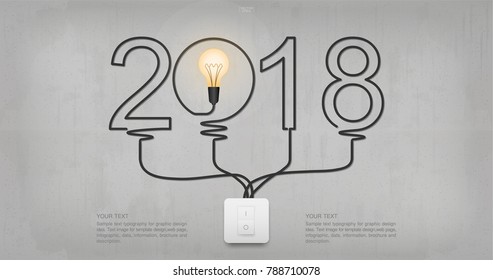 2018 Year - Abstract alphabet number of light bulb and light switch on concrete wall background. Vector illustration.