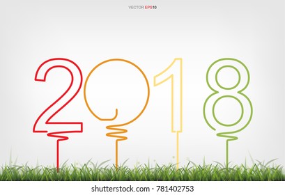 2018 year - Abstract alphabet sign and symbol in green grass field area, Background for template design. Vector illustration