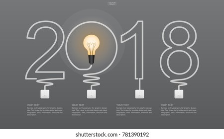 "2018 Year" - Abstract light bulb symbol and light switch on gray background. Lamp and switch with area for text. Infographic image idea for template design. Vector illustration.