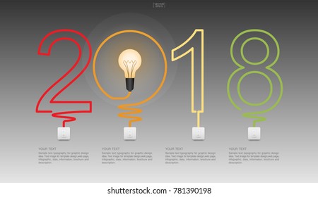 "2018 Year" - Abstract light bulb symbol and light switch on dark background. Lamp and switch with area for text. Infographic image idea for template design. Vector illustration.