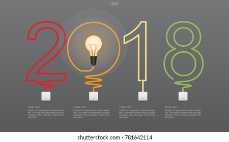 "2018 Year" - Abstract light bulb symbol and light switch on gray background. Lamp and switch with area for text. Infographic image idea for template design. Vector illustration.