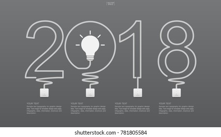 "2018 Year" - Abstract light bulb symbol and light switch on gray background. Lamp and switch with area for text. Infographic image idea for template design. Vector illustration.