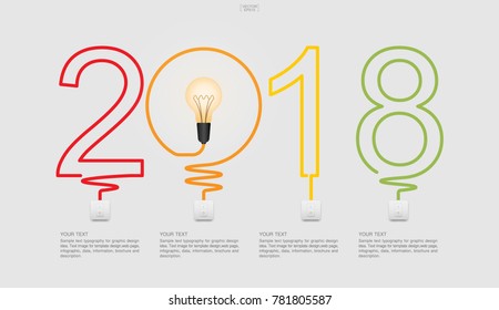 "2018 Year" - Abstract light bulb symbol and light switch on white background. Lamp and switch with area for text. Infographic image idea for template design. Vector illustration.