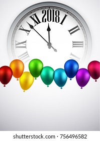 2018 Año de fondo con reloj y globos coloridos. Ilustración vectorial.
