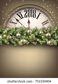 2018 Year background with clock, fir branch and balls. Vector illustration.