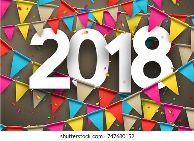 Hintergrund 2018 mit farbenfrohen Flaggen und Konfetti. Vektorgrafik.