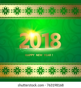 2018 year calendar design template. Holiday label with numbers over green backdrop with ornamental border. Vector illustration.