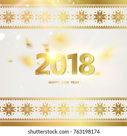 2018 year calendar design template. Holiday label with numbers and golden confetti over gray backdrop with ornamental border. Vector illustration.