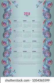 2018 Year Calendar design. Vector abstract modern volumetric floral elements frame. English, Sunday start.