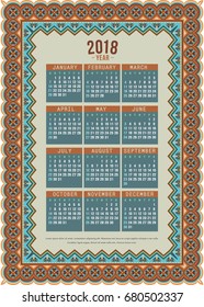 2018 Year Calendar design. Vector abstract ornamental ethnic frame. English, sunday start