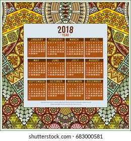 2018 Year Calendar design. Vector abstract ornamental ethnic frame. English, sunday start