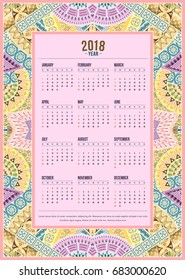 2018 Year Calendar design. Vector abstract ornamental ethnic frame. English, sunday start