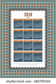 2018 Year Calendar design. Vector abstract ornamental ethnic frame. English, sunday start
